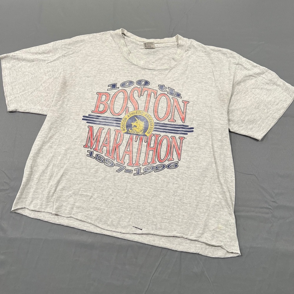 Vintage 1996 100th Boston Marathon Shirt Anvil XL Grey Single Stitch cropped